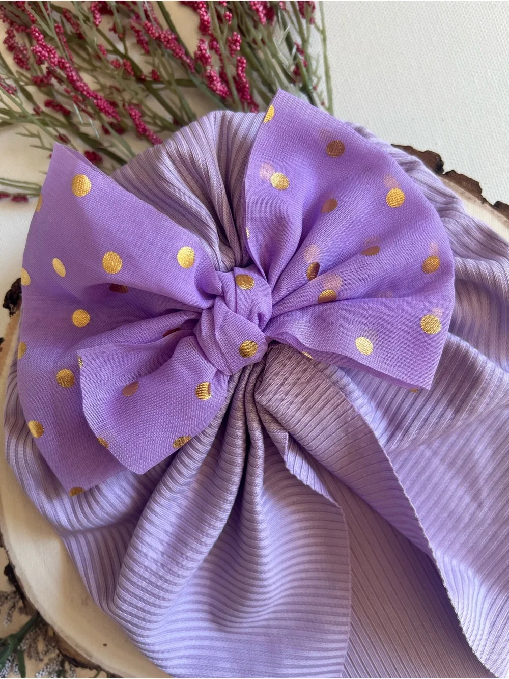 Handmade Lavender Ribbed Baby Turban Hat with Gold Polka Dot Bow NWT